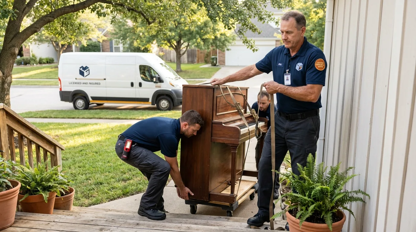Licensed piano movers securing grand piano in Toledo, OR