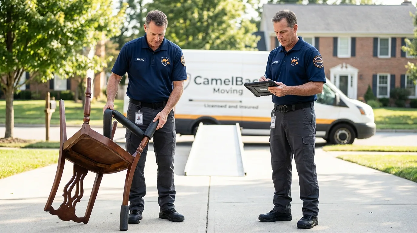 Movers inspecting furniture for damage prevention before loading in Toledo, OR