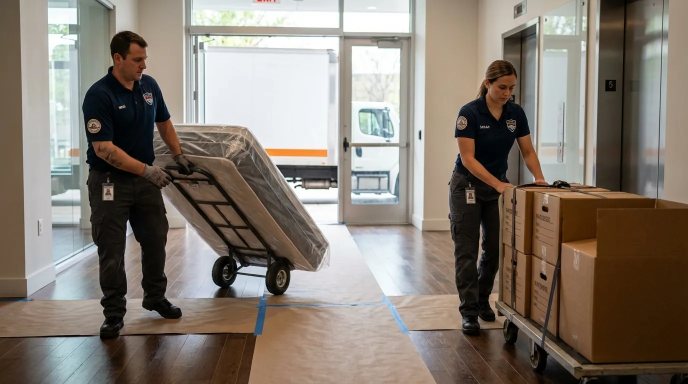 Professional apartment movers loading elevator in Toledo, OR