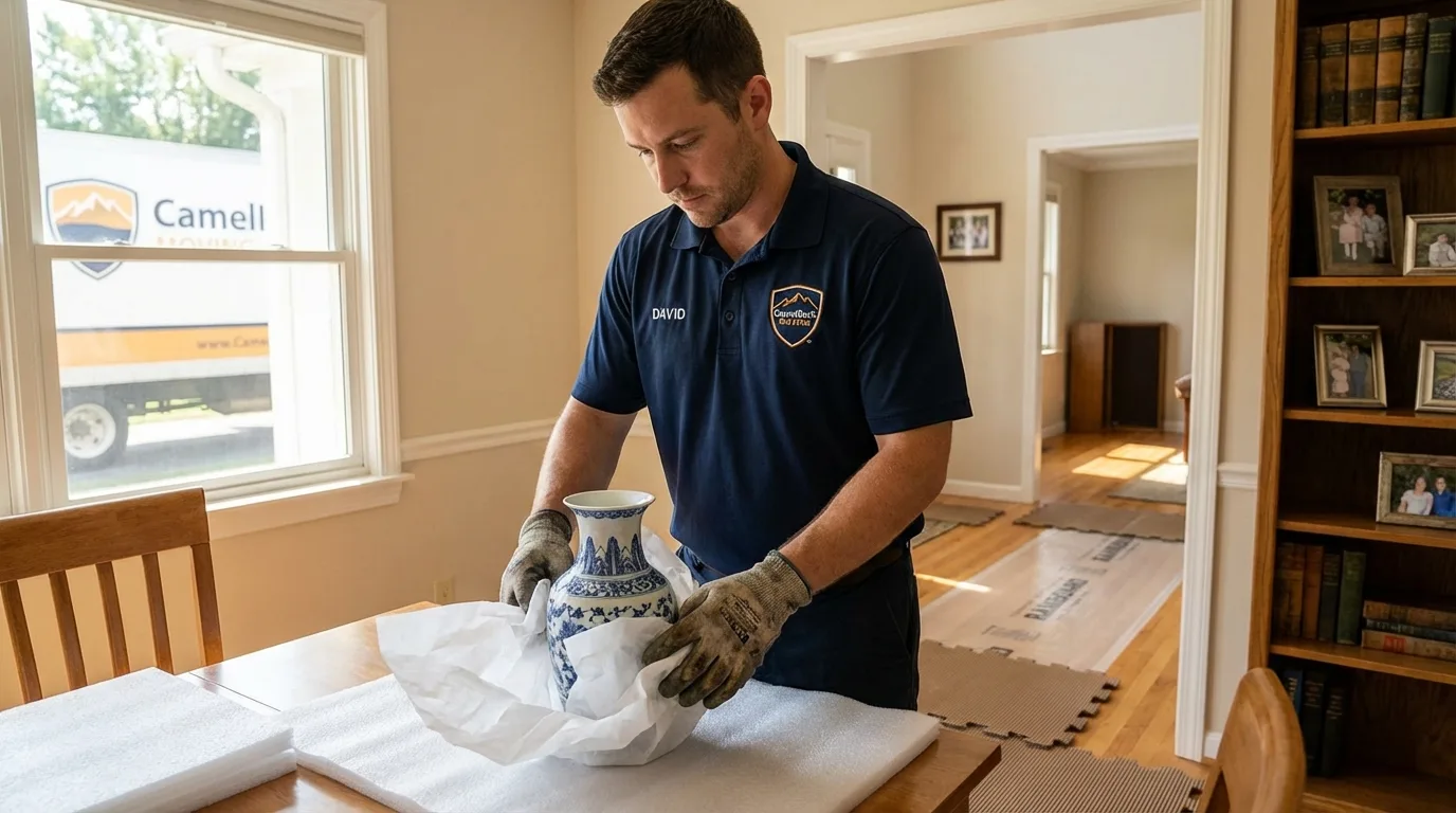 Professional crew carefully wrapping antique vase for senior downsizing move in Toledo, OR